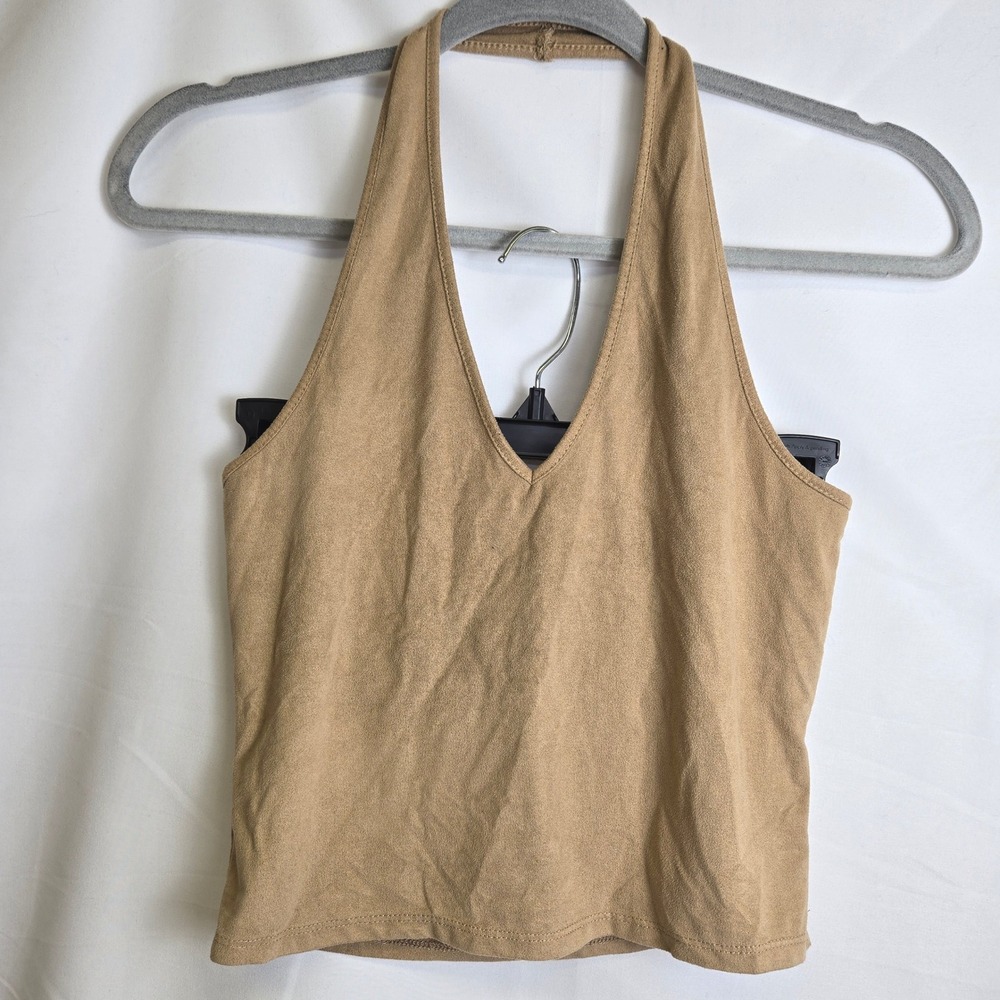 Heart & Hips Faux Suede V-neck Halter Top Tan Y2K Boho Western JK30033 Medium